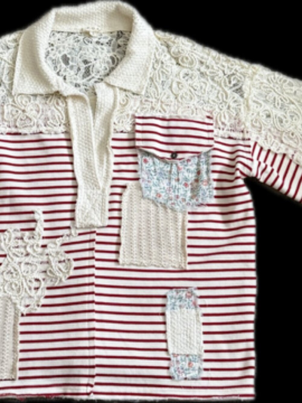 POL Boho Lace Patchwork Mixed Media Striped Blouse Top - Cream/Red - Size L